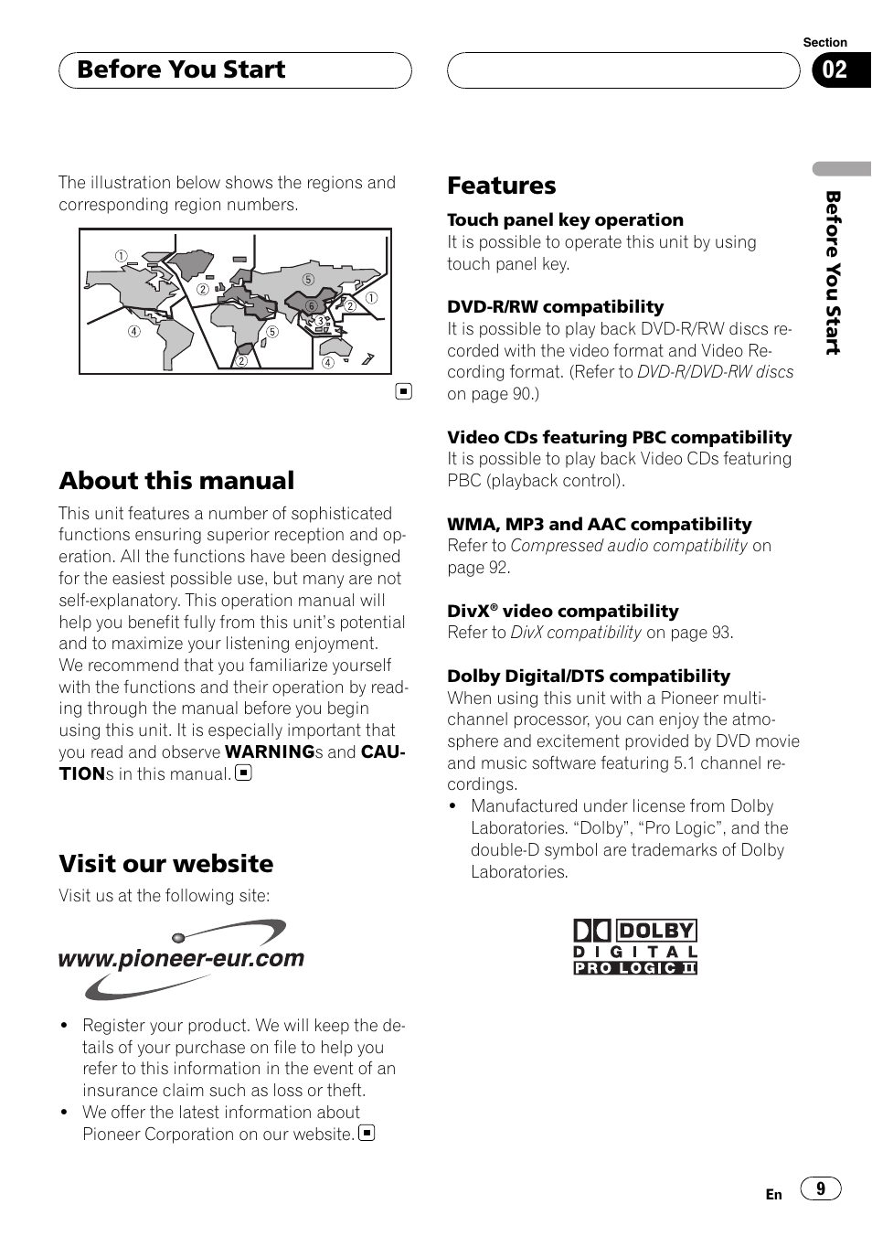 About this manual, Visit our website, Features | Before you start | Pioneer AVH-P5900DVD User Manual | Page 9 / 102