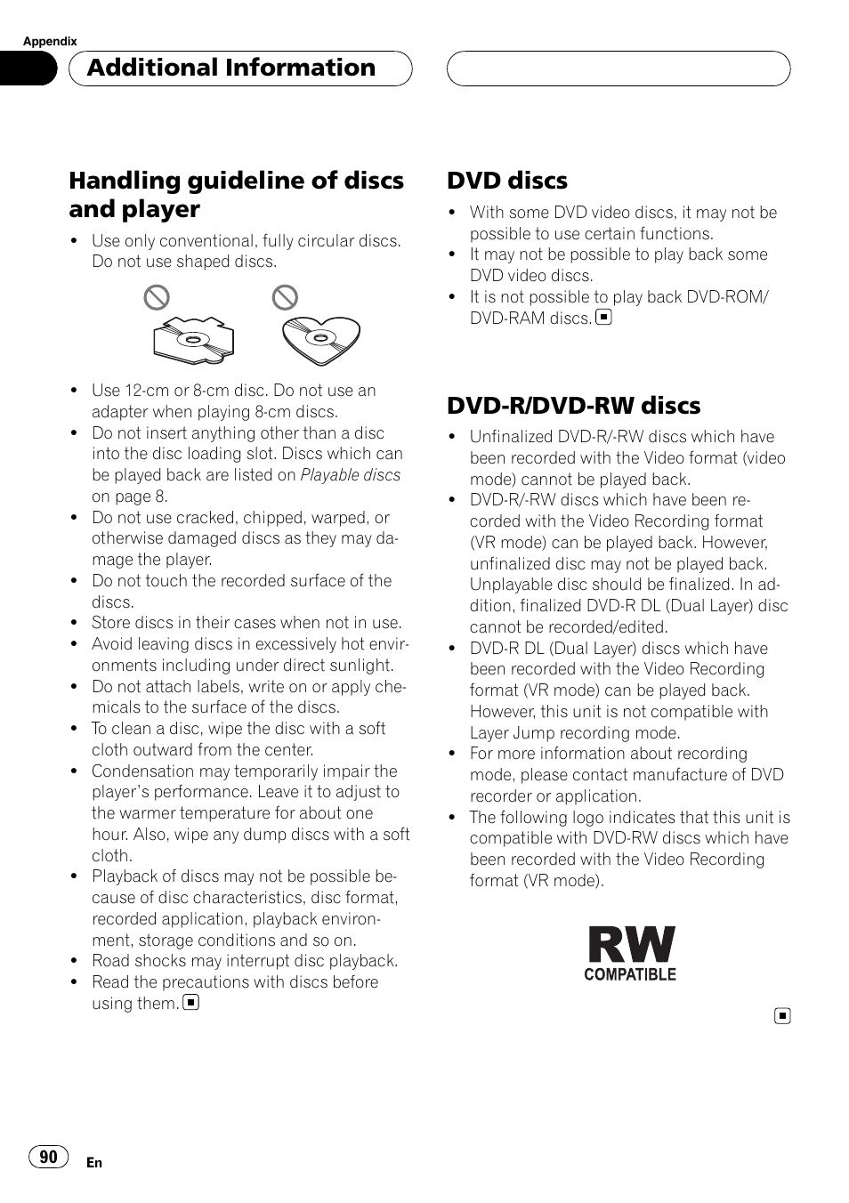 Handling guideline of discs and player, Dvd discs, Dvd-r/dvd-rw discs | Additional information | Pioneer AVH-P5900DVD User Manual | Page 90 / 102