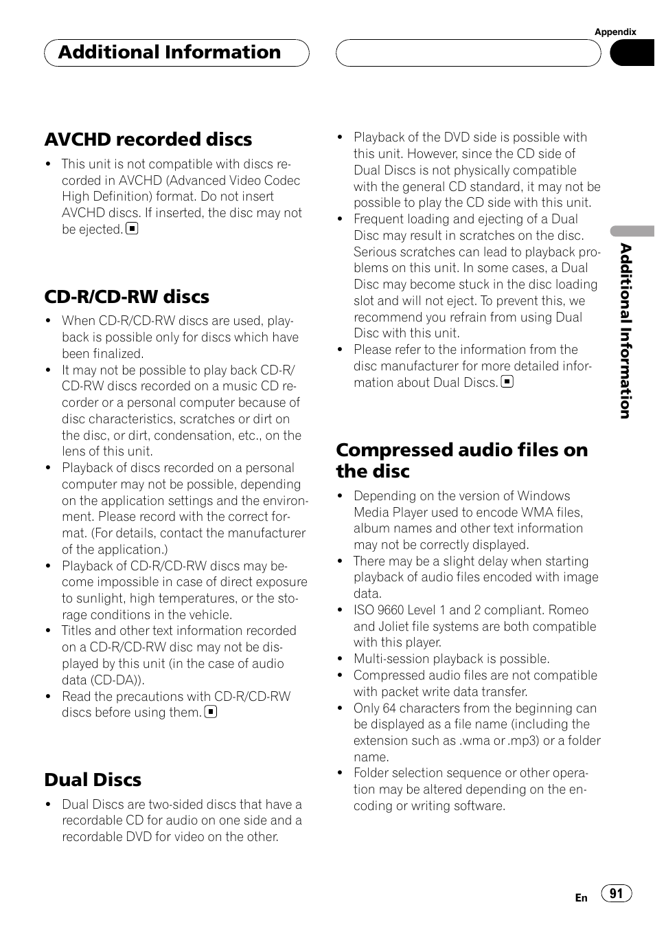 Avchd recorded discs, Cd-r/cd-rw discs, Dual discs | Compressed audio files on the disc, Additional information | Pioneer AVH-P5900DVD User Manual | Page 91 / 102