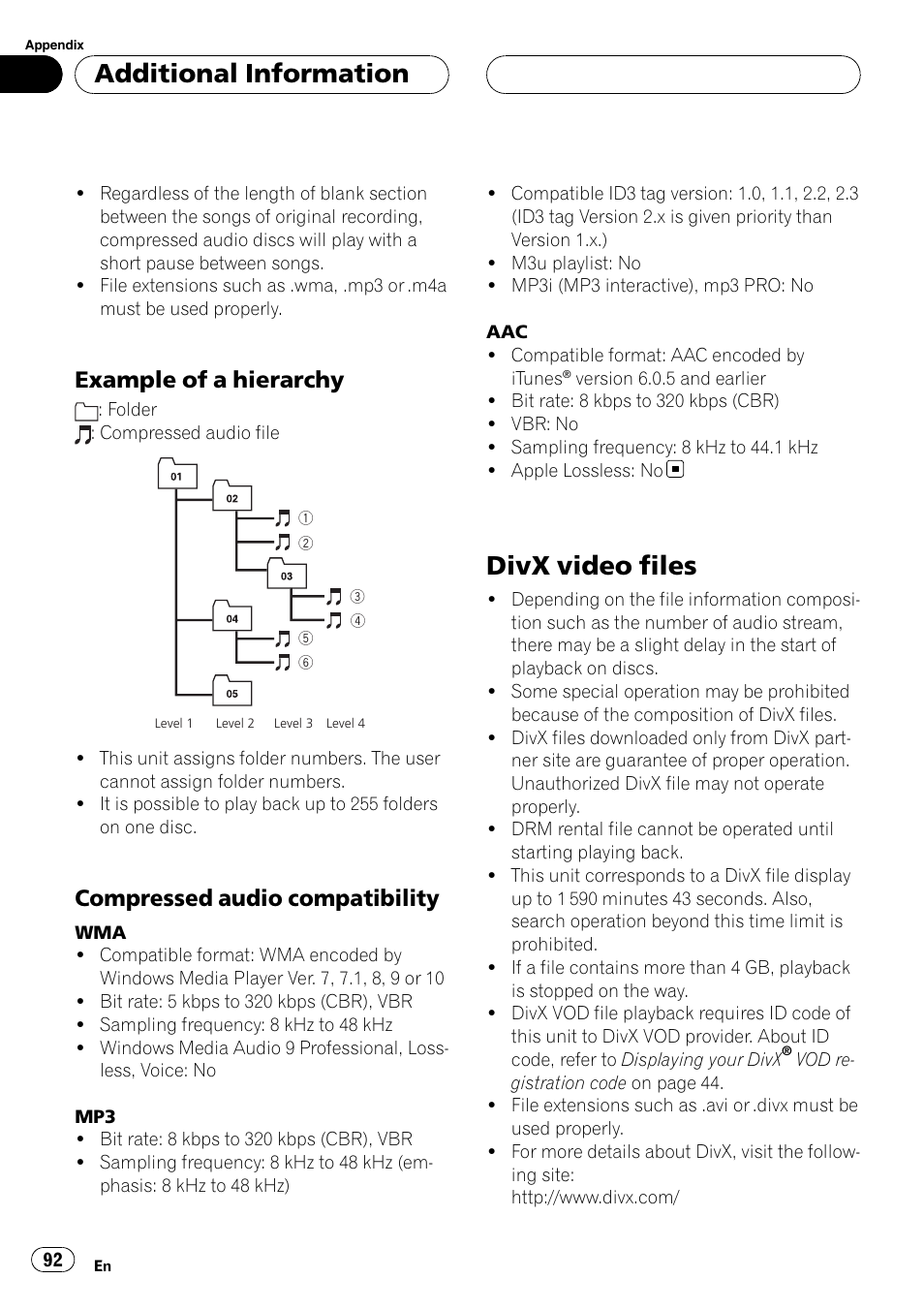 Example of a hierarchy 92, Compressed audio compatibility 92, Divx video files | Additional information, Example of a hierarchy, Compressed audio compatibility | Pioneer AVH-P5900DVD User Manual | Page 92 / 102