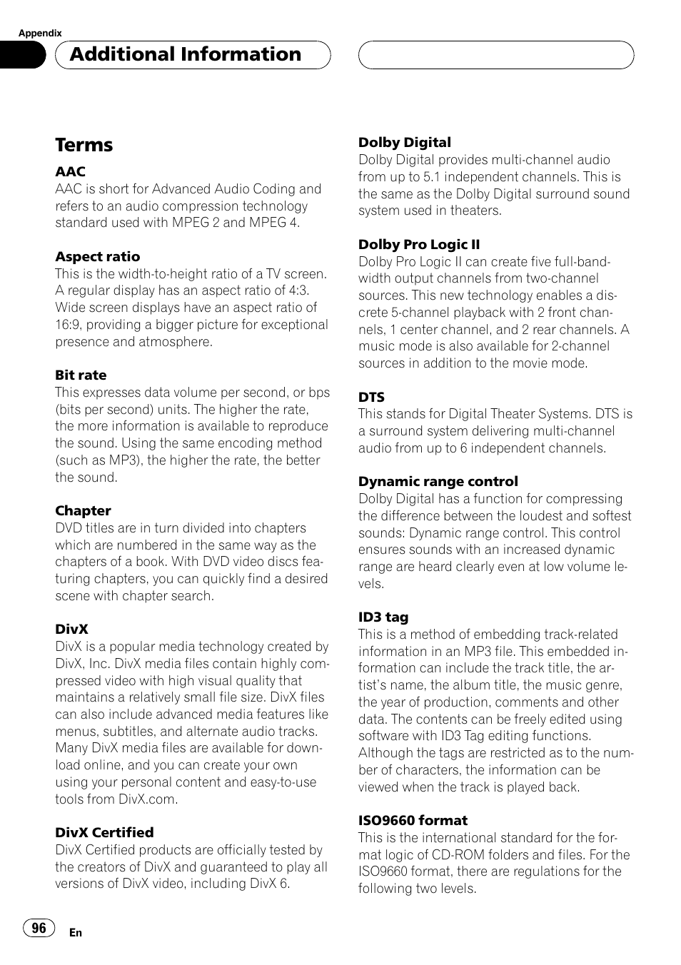 Terms, Additional information | Pioneer AVH-P5900DVD User Manual | Page 96 / 102