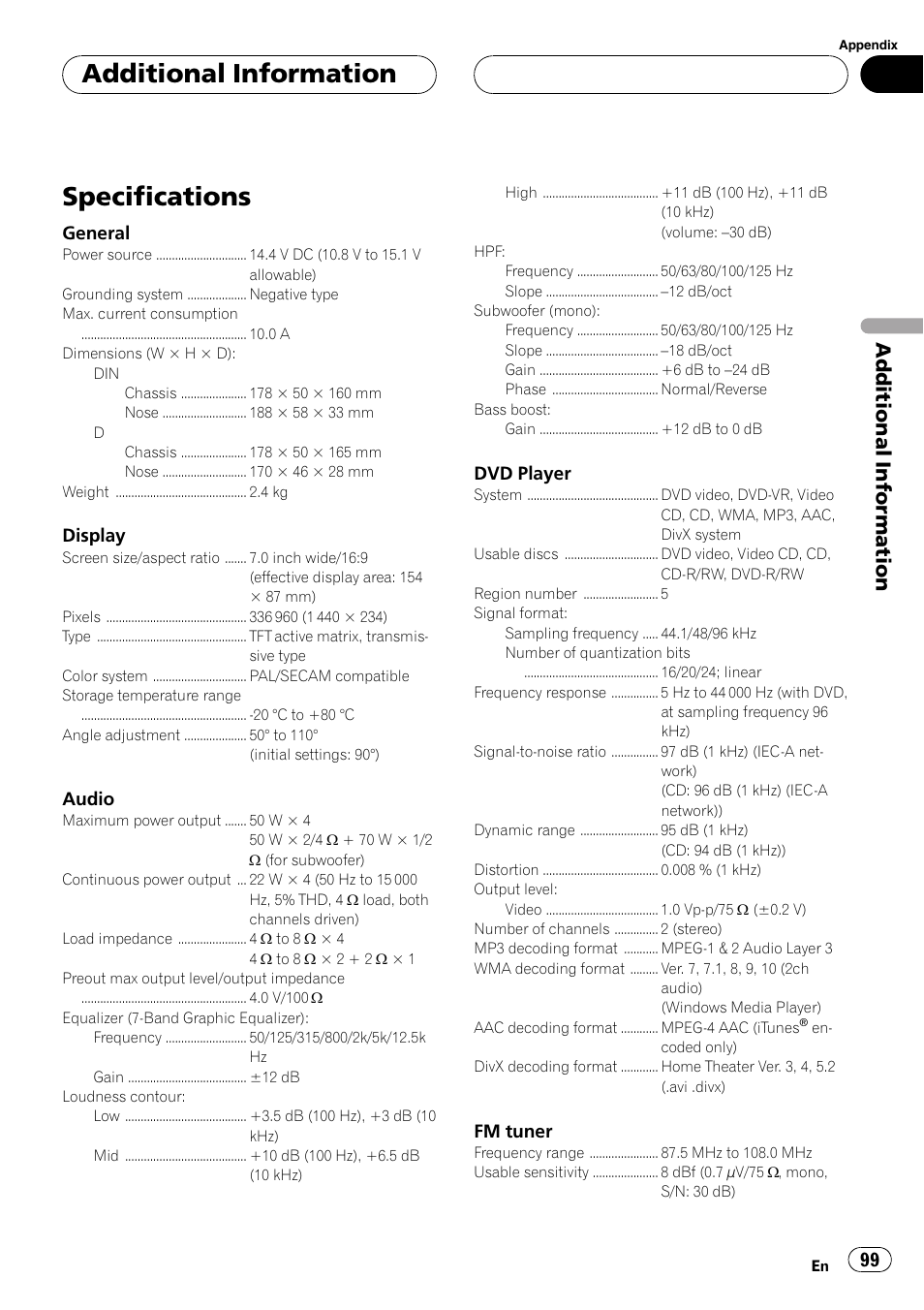 Specifications, Additional information | Pioneer AVH-P5900DVD User Manual | Page 99 / 102