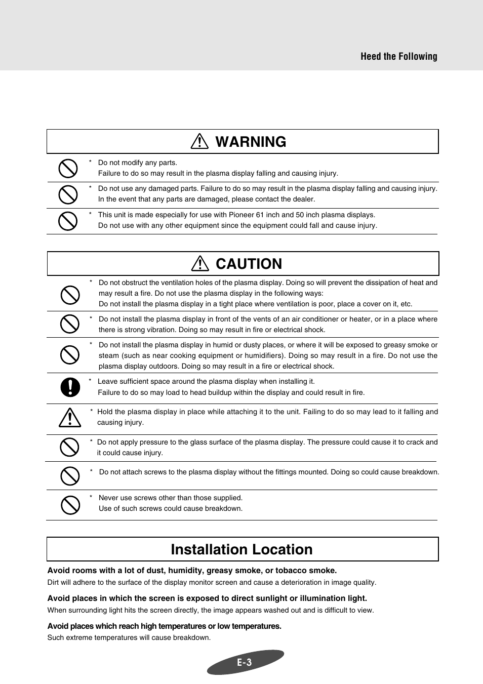 Warning, Caution, Installation location | Pioneer PDK-WM03 User Manual | Page 14 / 62