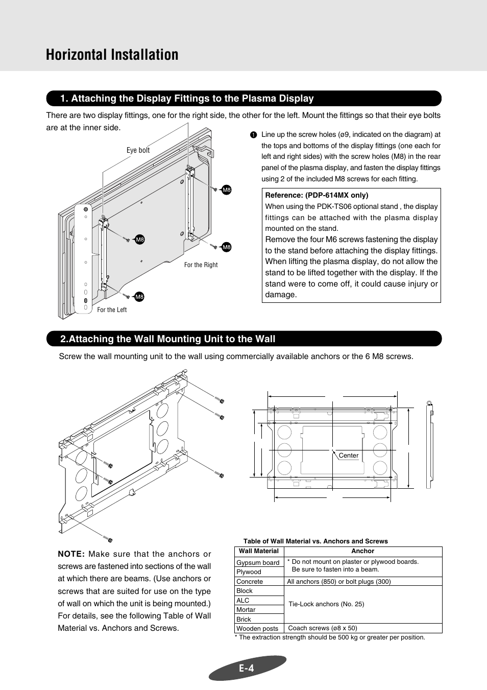 Horizontal installation, Attaching the wall mounting unit to the wall | Pioneer PDK-WM03 User Manual | Page 15 / 62