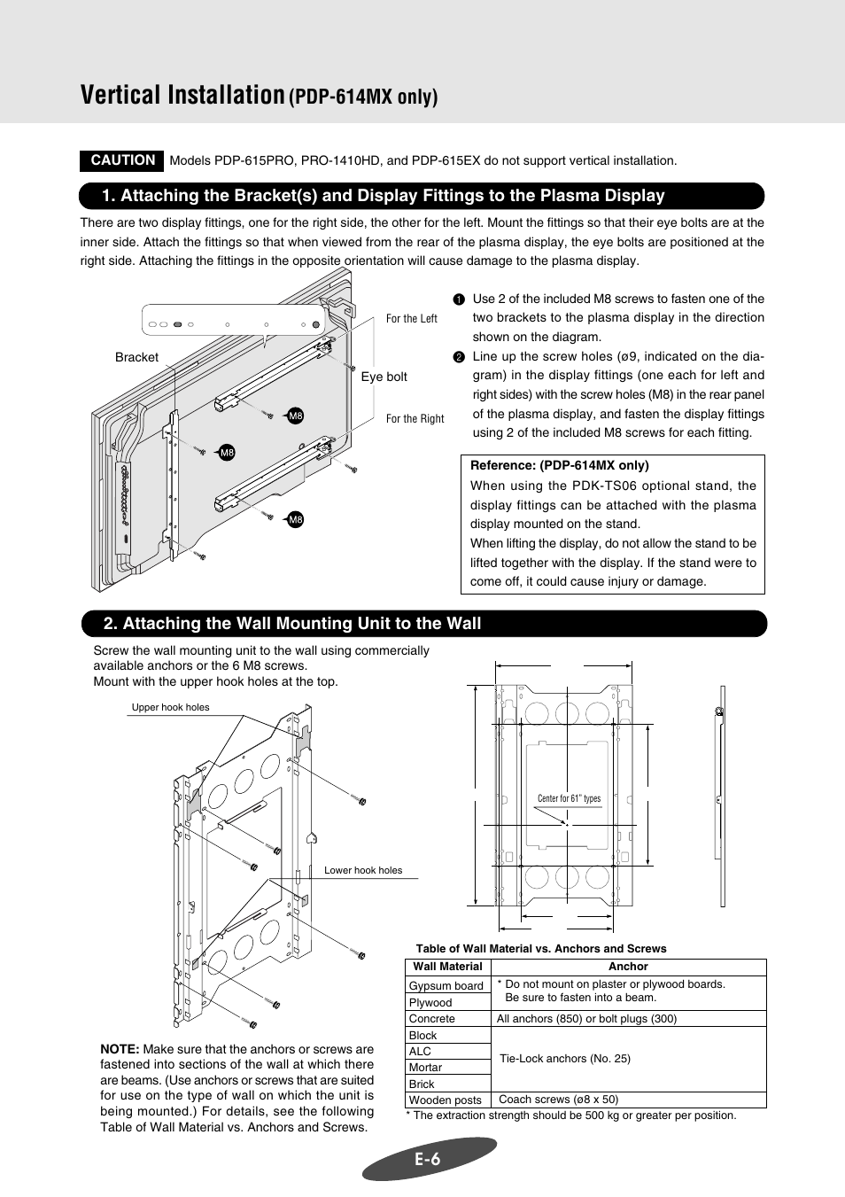 Vertical installation, Pdp-614mx only), Attaching the wall mounting unit to the wall | Pioneer PDK-WM03 User Manual | Page 17 / 62