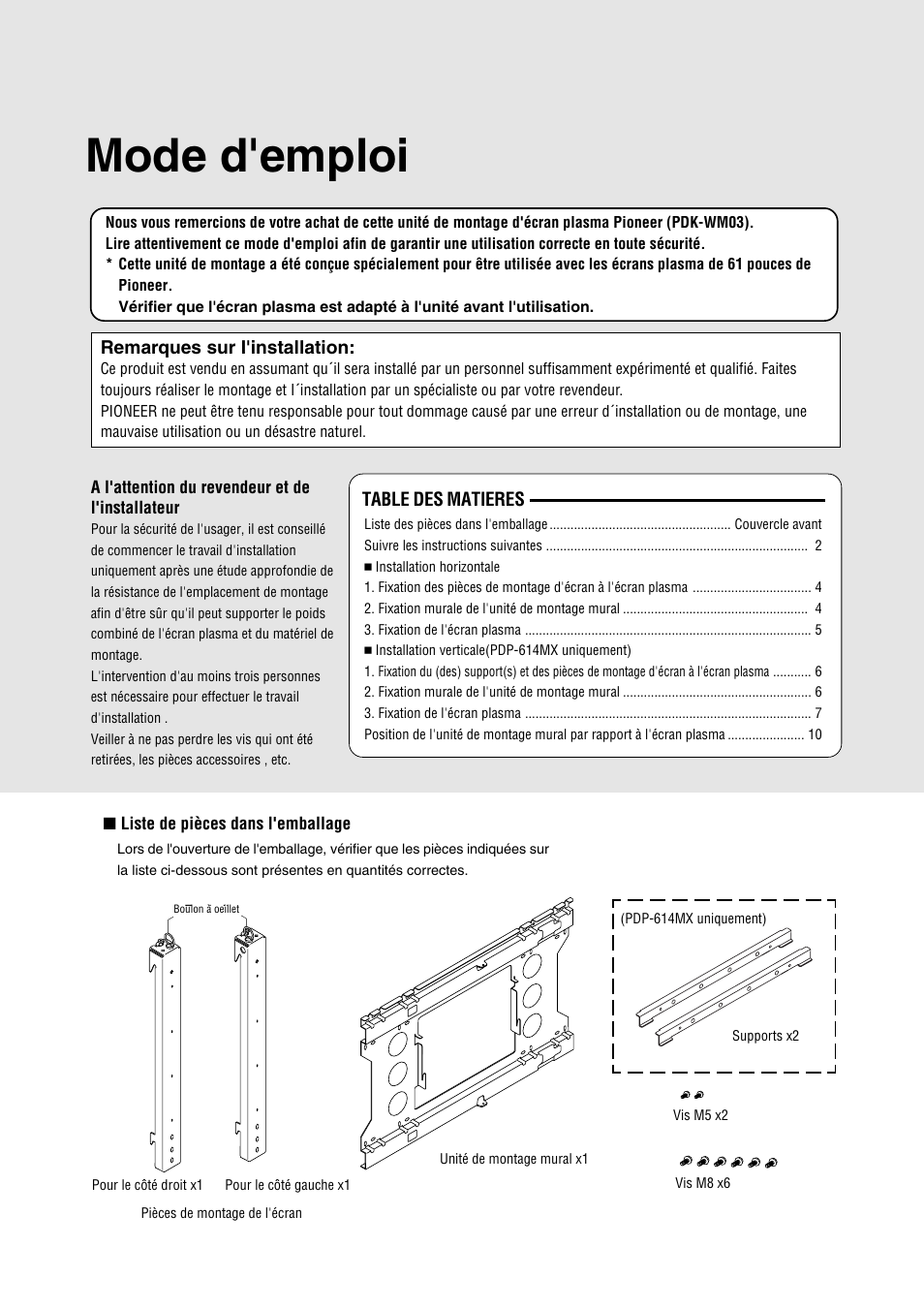 Mode d'emploi, Table des matieres, Remarques sur i'installation | Pioneer PDK-WM03 User Manual | Page 22 / 62