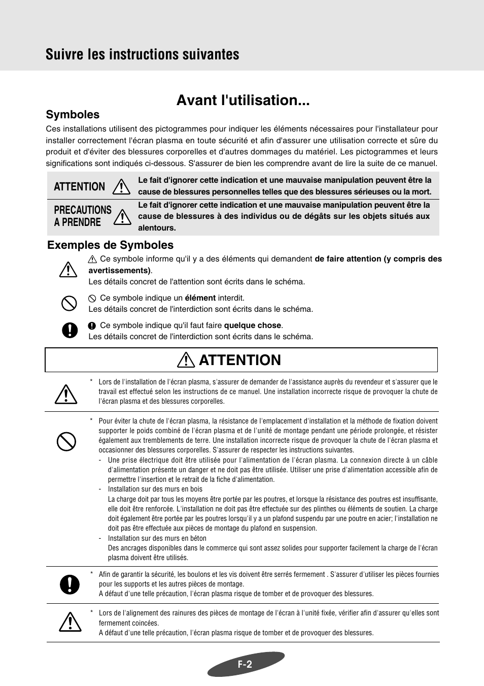 Suivre les instructions suivantes, Avant l'utilisation, Attention | Exemples de symboles, Attention precautions a prendre, Symboles | Pioneer PDK-WM03 User Manual | Page 23 / 62