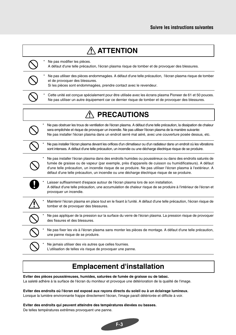 Precautions, Emplacement d'installation attention | Pioneer PDK-WM03 User Manual | Page 24 / 62