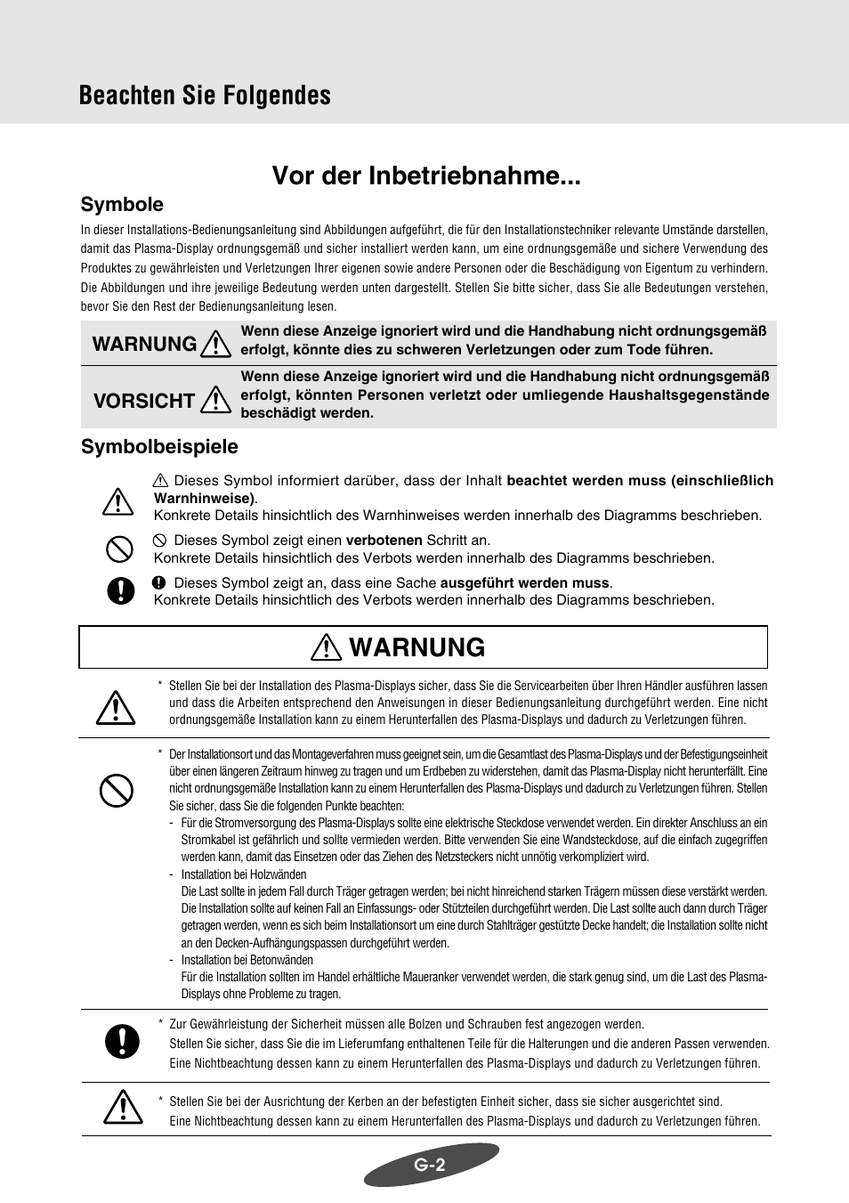 Beachten sie folgendes vor der inbetriebnahme, Warnung, Symbole | Symbolbeispiele, Warnung vorsicht | Pioneer PDK-WM03 User Manual | Page 33 / 62