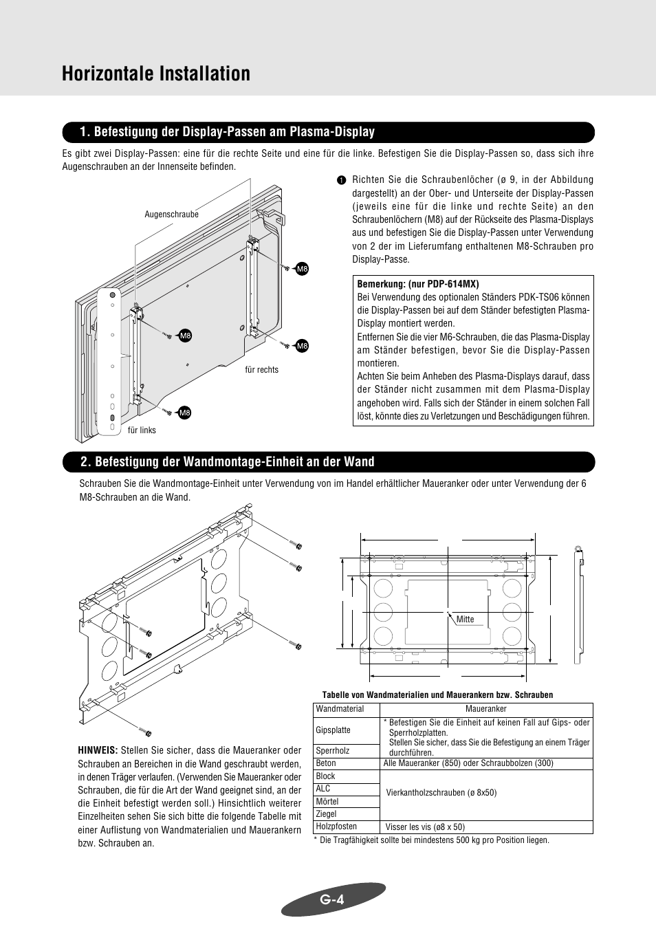 Horizontale installation, Befestigung der display-passen am plasma-display, Befestigung der wandmontage-einheit an der wand | Pioneer PDK-WM03 User Manual | Page 35 / 62