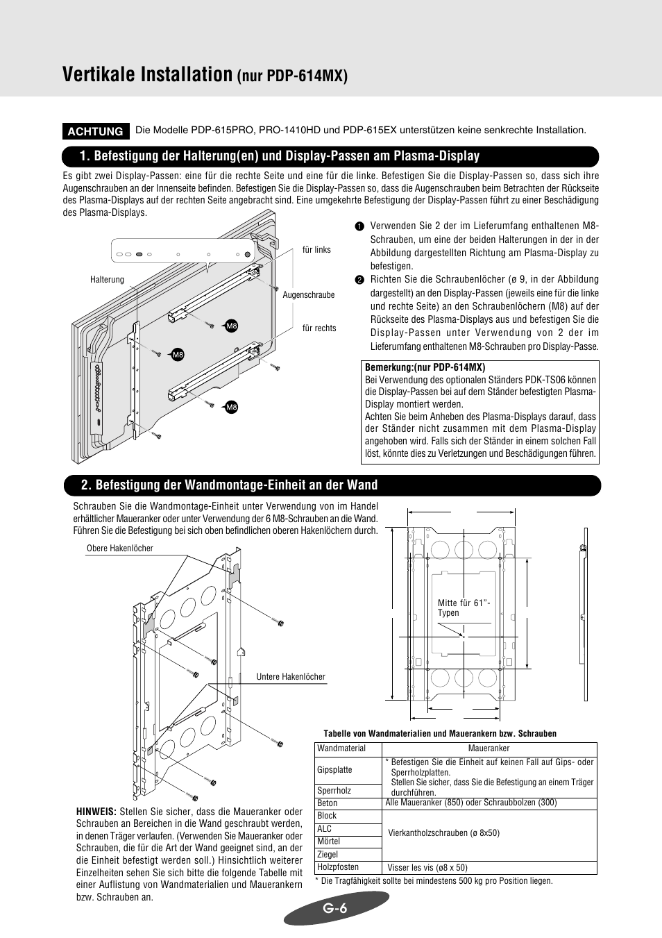 Vertikale installation, Nur pdp-614mx), Befestigung der wandmontage-einheit an der wand | Pioneer PDK-WM03 User Manual | Page 37 / 62