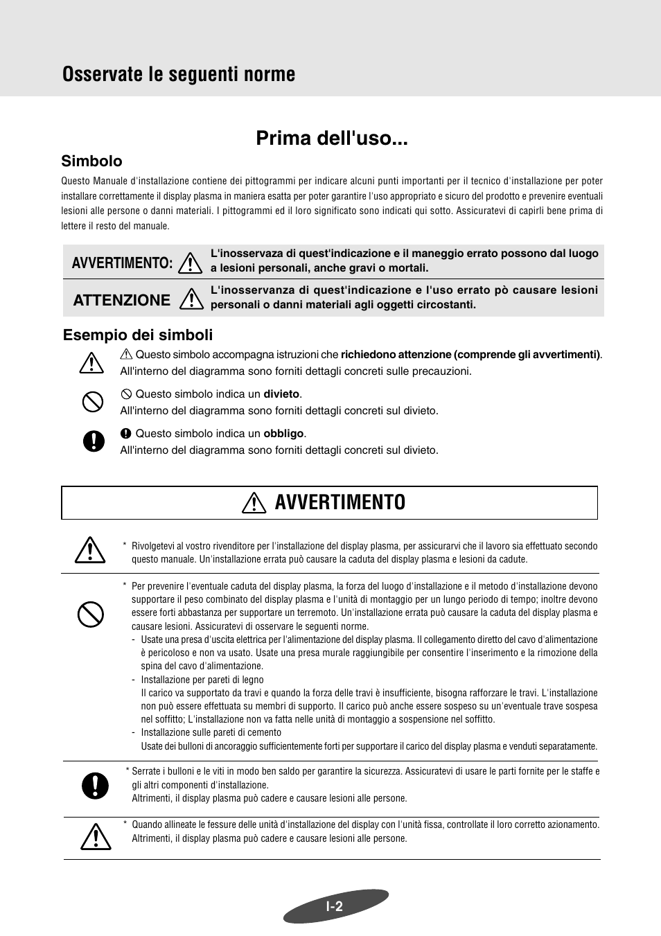 Osservate le seguenti norme, Avvertimento prima dell'uso, Esempio dei simboli | Avvertimento: attenzione, Simbolo | Pioneer PDK-WM03 User Manual | Page 43 / 62