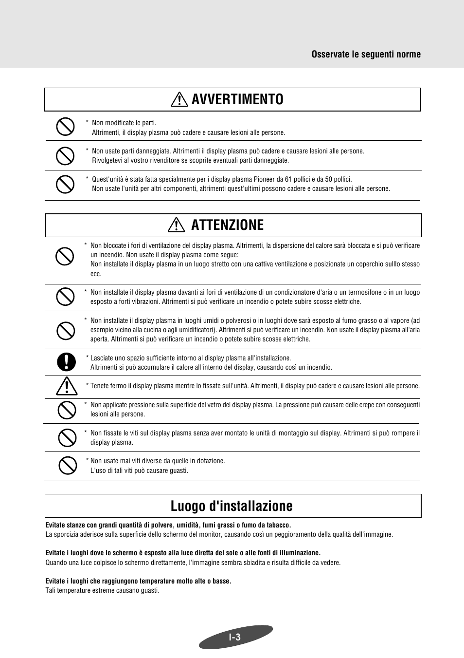 Attenzione, Luogo d'installazione avvertimento | Pioneer PDK-WM03 User Manual | Page 44 / 62