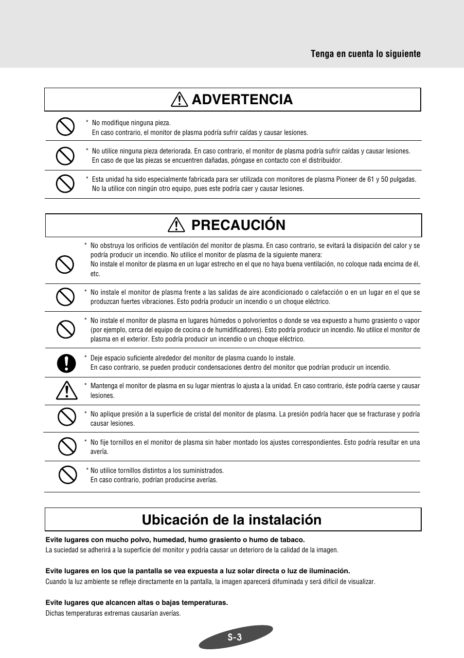 Precaución, Ubicación de la instalación advertencia | Pioneer PDK-WM03 User Manual | Page 54 / 62