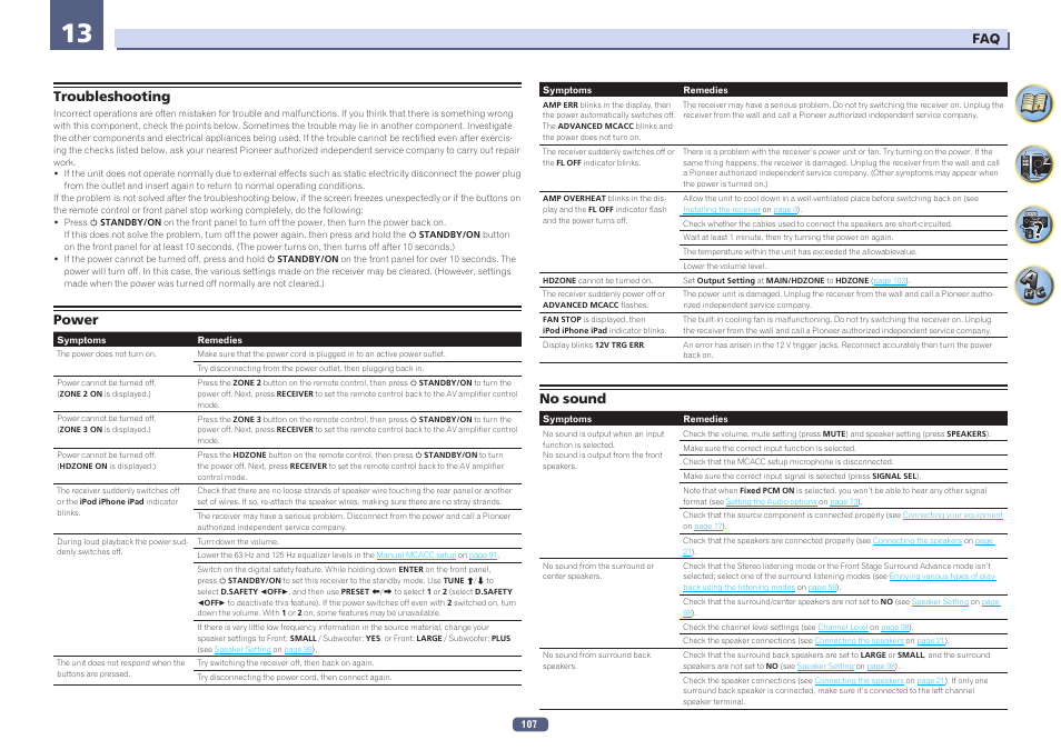13 faq, Troubleshooting power no sound, Troubleshooting | Power, No sound | Pioneer SC-LX57-S User Manual | Page 107 / 134