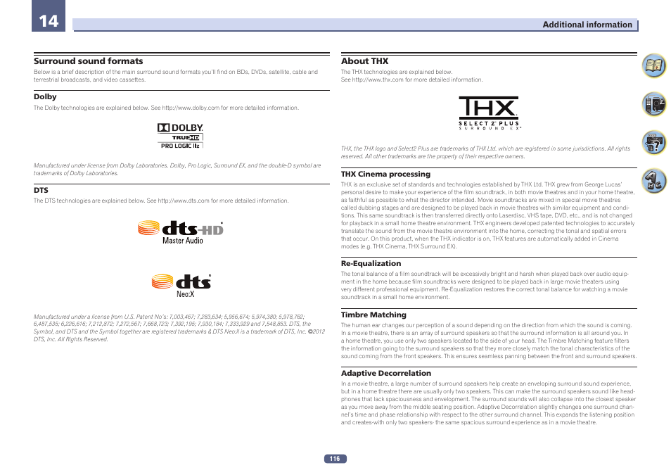 14 additional information, Surround sound formats about thx | Pioneer SC-LX57-S User Manual | Page 116 / 134
