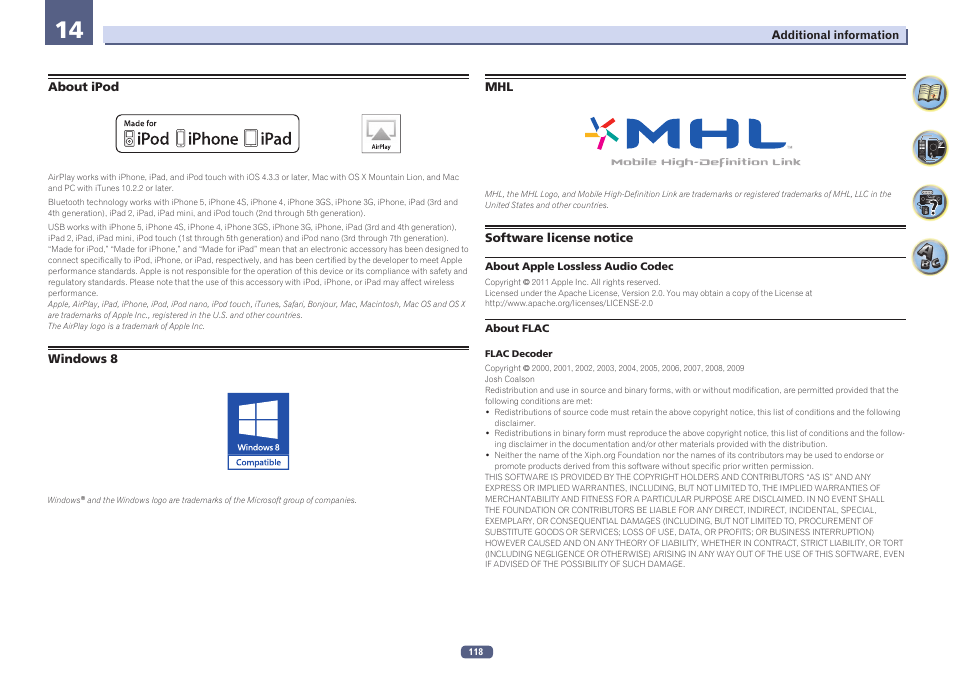 About ipod windows 8 mhl software license notice | Pioneer SC-LX57-S User Manual | Page 118 / 134