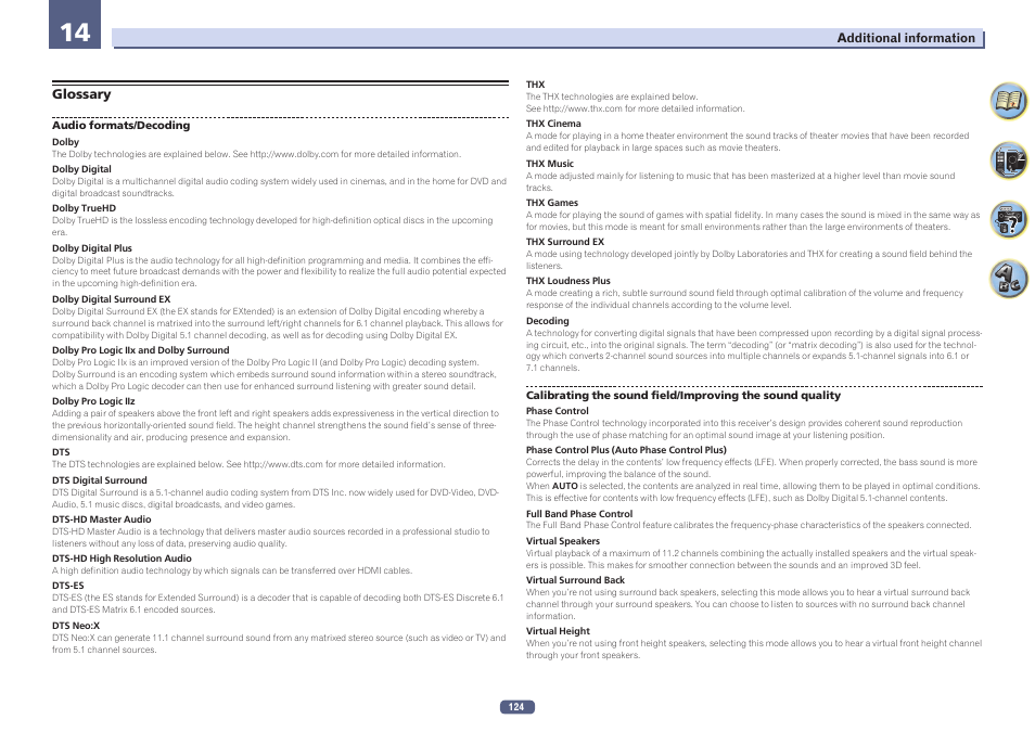 Glossary | Pioneer SC-LX57-S User Manual | Page 124 / 134