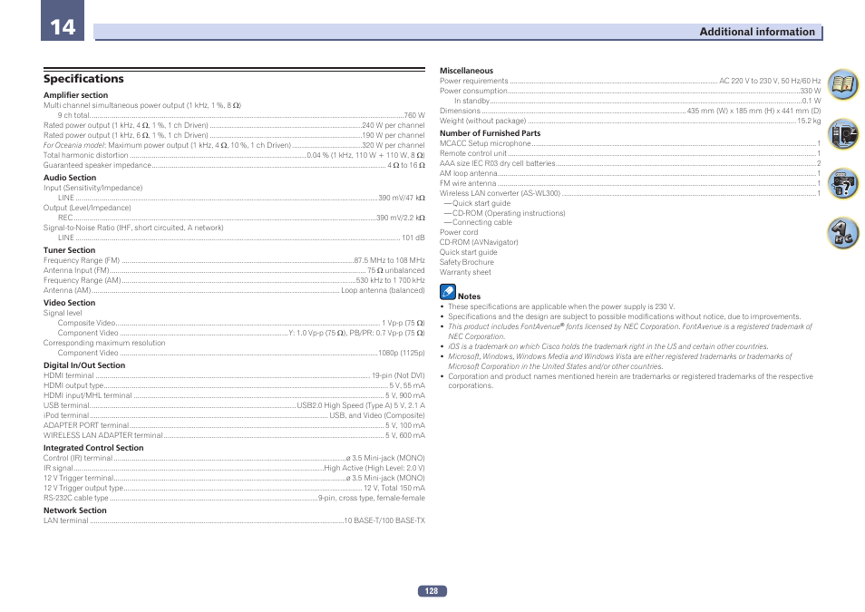 Specifications | Pioneer SC-LX57-S User Manual | Page 128 / 134