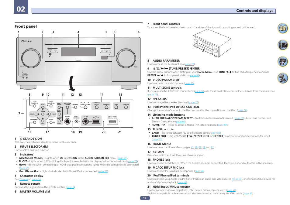 Front panel, Master volume sta ndb y/on inpu t selector | Pioneer SC-LX57-S User Manual | Page 15 / 134