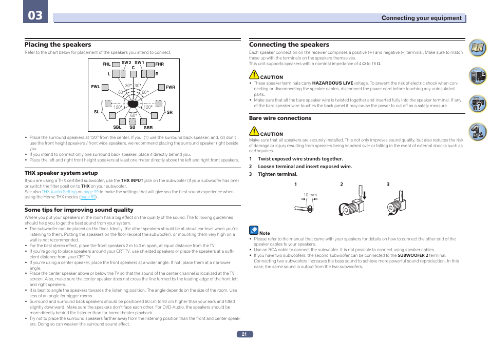 Placing the speakers connecting the speakers | Pioneer SC-LX57-S User Manual | Page 21 / 134