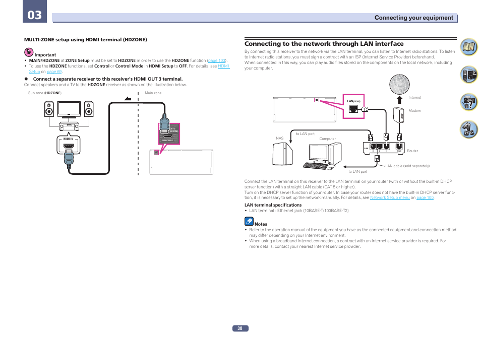 Connecting to the network through lan interface, Out 3 (hd zone) selectable | Pioneer SC-LX57-S User Manual | Page 38 / 134