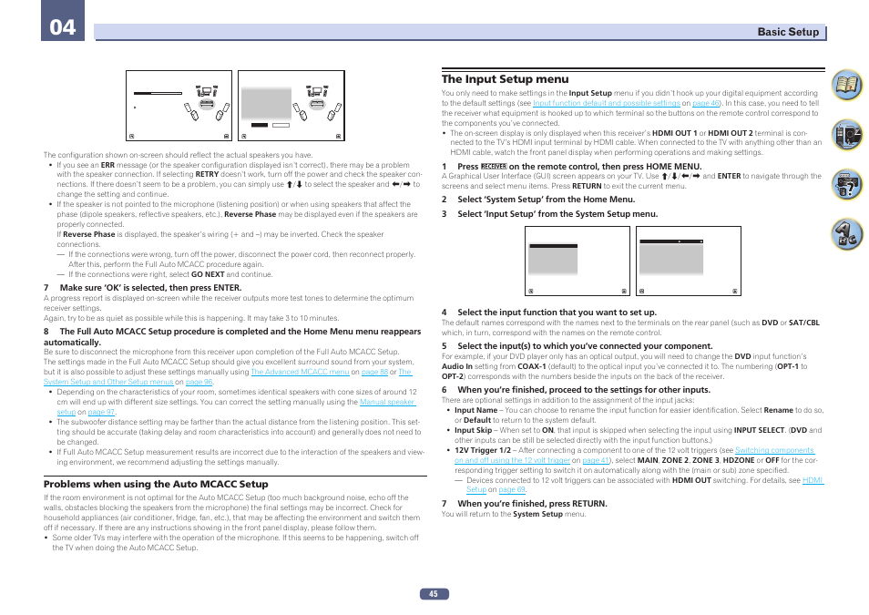The input setup menu, Basic setup, Problems when using the auto mcacc setup | Pioneer SC-LX57-S User Manual | Page 45 / 134