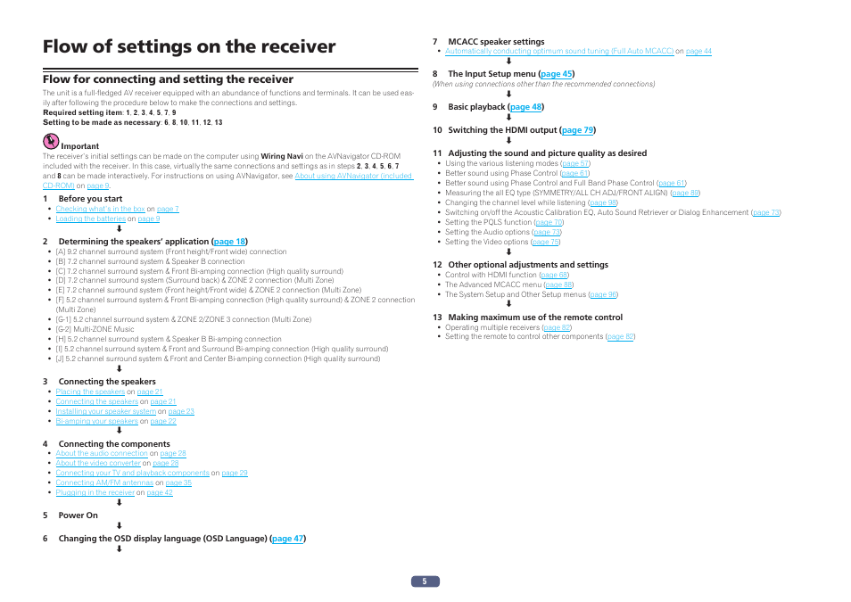 Flow of settings on the receiver, Flow for connecting and setting the receiver | Pioneer SC-LX57-S User Manual | Page 5 / 134