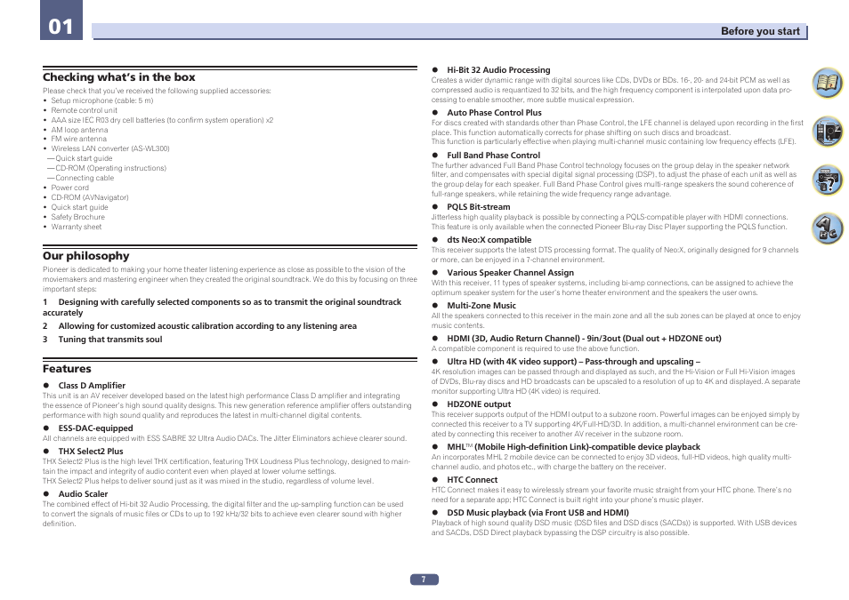 01 before you start, Checking what’s in the box our philosophy features | Pioneer SC-LX57-S User Manual | Page 7 / 134