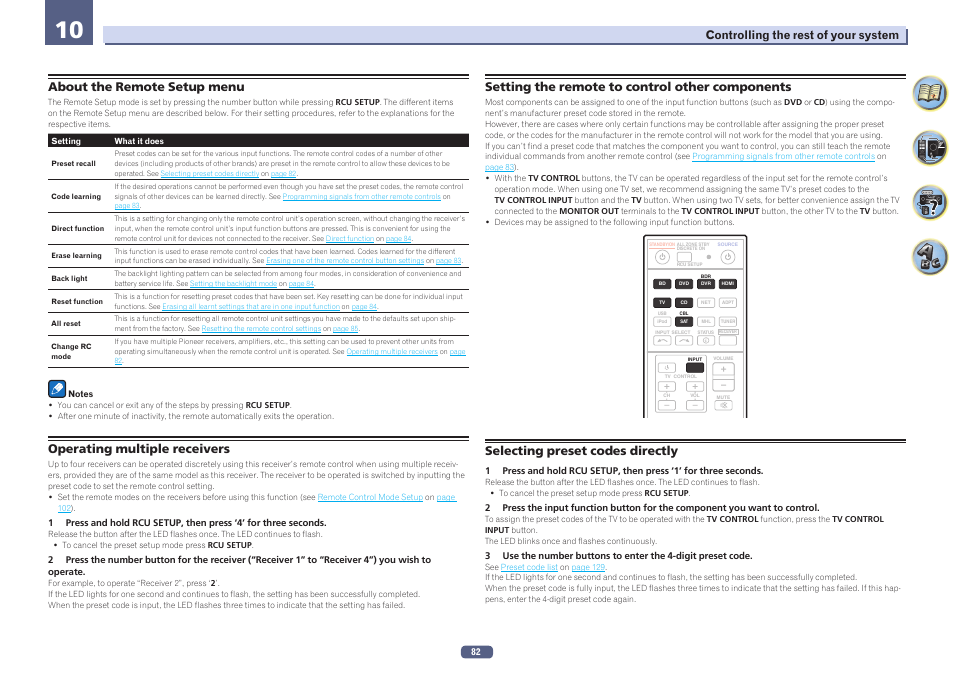 10 controlling the rest of your system, About the remote setup menu, Operating multiple receivers | Setting the remote to control other components, Selecting preset codes directly | Pioneer SC-LX57-S User Manual | Page 82 / 134
