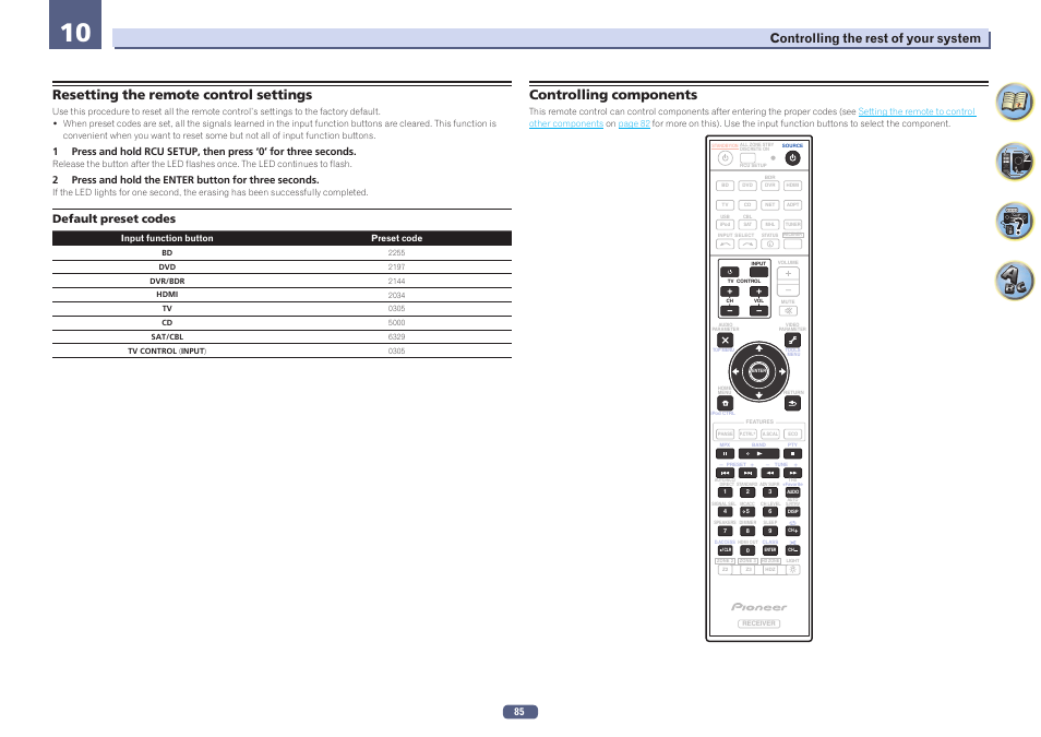 Resetting the remote control settings, Controlling components, Controlling the rest of your system | Default preset codes | Pioneer SC-LX57-S User Manual | Page 85 / 134