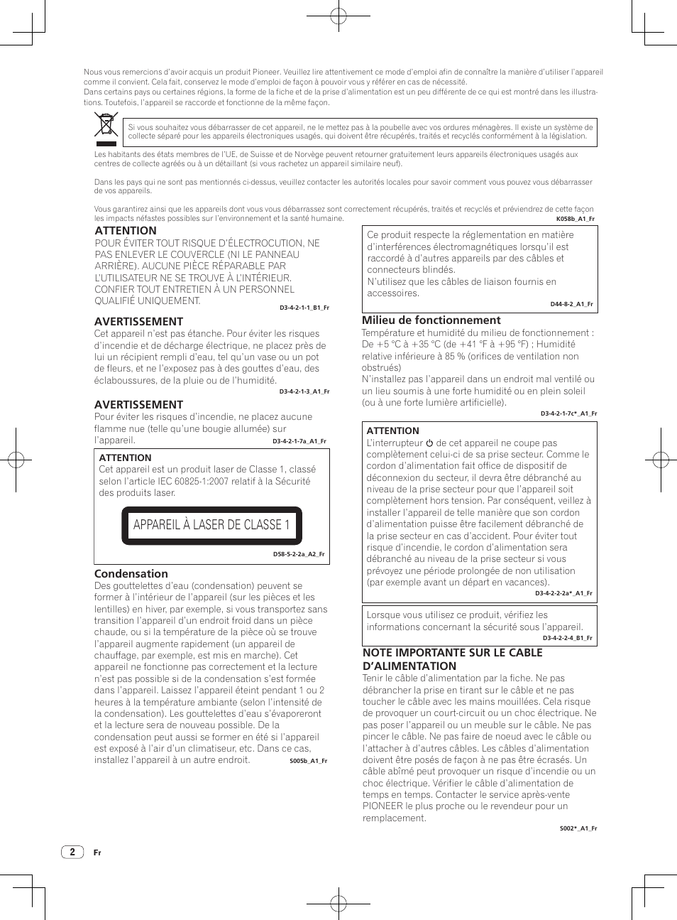 Lecteur de multi, Appareil à laser de classe 1, Attention | Avertissement, Condensation, Milieu de fonctionnement | Pioneer CDJ-900NXS User Manual | Page 10 / 84