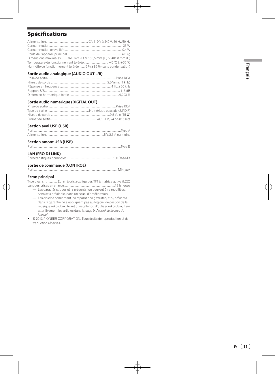 Spécifications | Pioneer CDJ-900NXS User Manual | Page 19 / 84