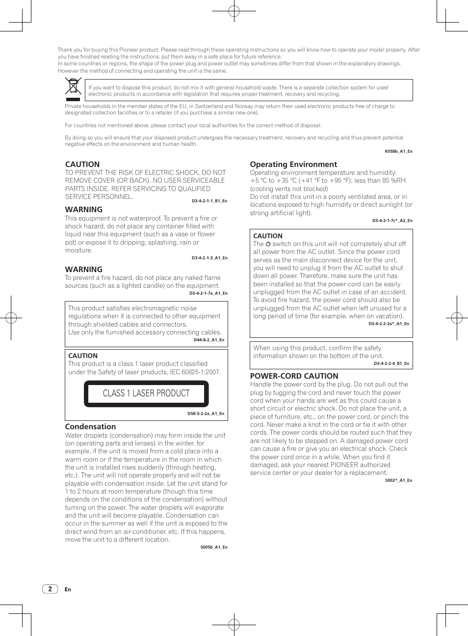 Read before use (important)/quick start guide, Multi player, Class 1 laser product | Warning, Operating environment, Power-cord caution, Condensation, Caution | Pioneer CDJ-900NXS User Manual | Page 2 / 84