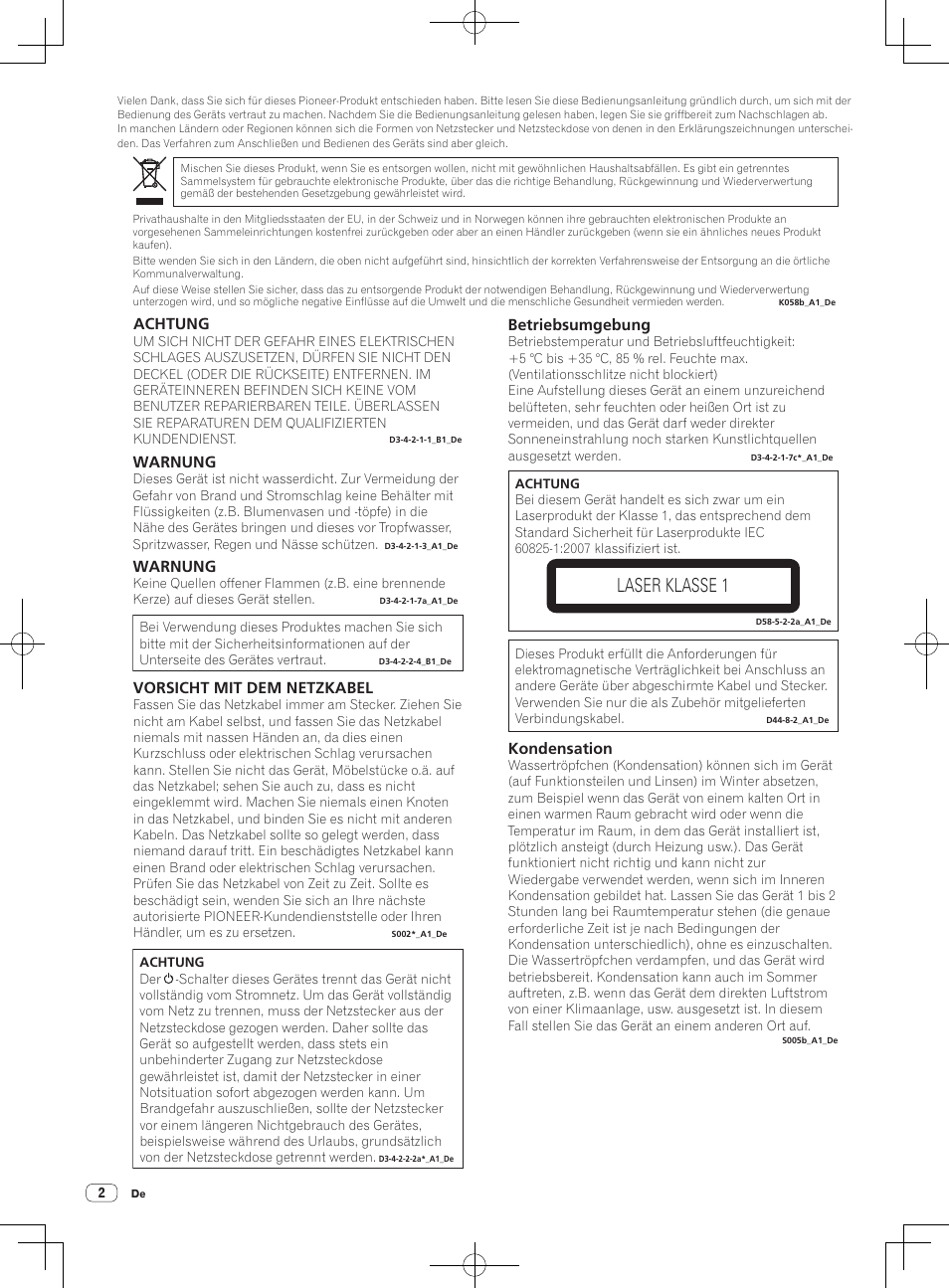 Vor gebrauch lesen (wichtig)/kurzanleitung, Multi-player, Laser klasse 1 | Achtung, Warnung, Betriebsumgebung, Vorsicht mit dem netzkabel, Kondensation | Pioneer CDJ-900NXS User Manual | Page 20 / 84