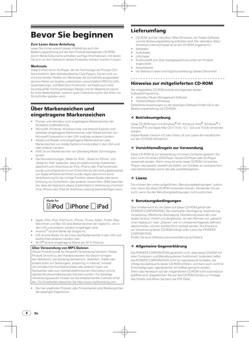 Bevor sie beginnen, Über markenzeichen und eingetragene markenzeichen, Lieferumfang | Hinweise zur mitgelieferten cd-rom | Pioneer CDJ-900NXS User Manual | Page 22 / 84