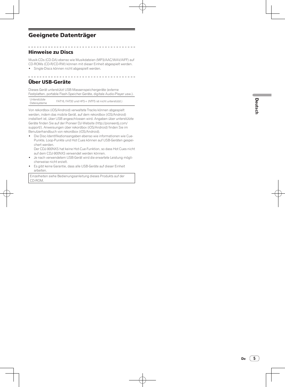 Geeignete datenträger, Hinweise zu discs, Über usb-geräte | Pioneer CDJ-900NXS User Manual | Page 23 / 84