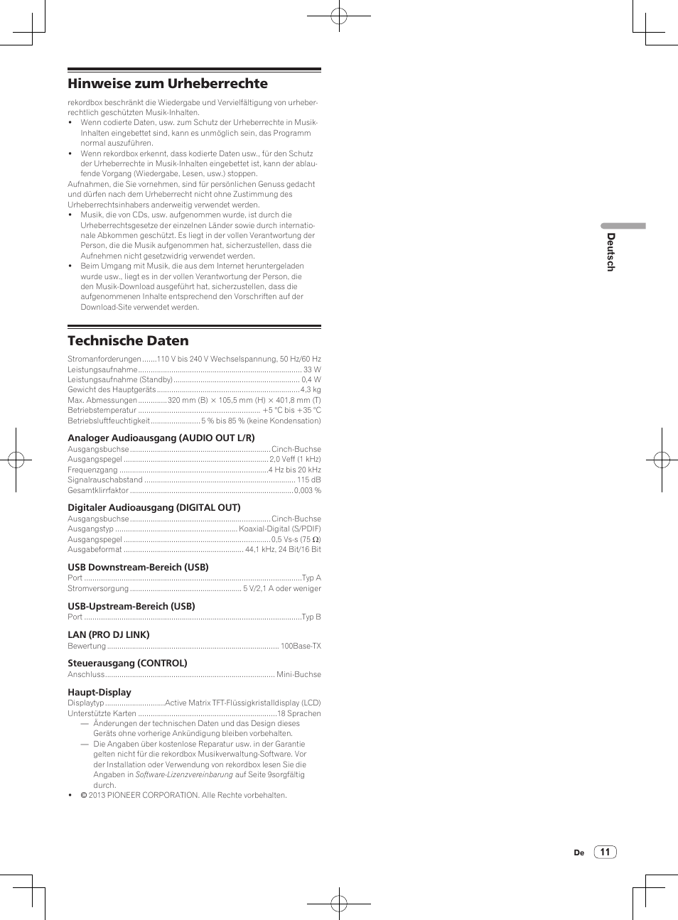 Hinweise zum urheberrechte, Technische daten | Pioneer CDJ-900NXS User Manual | Page 29 / 84