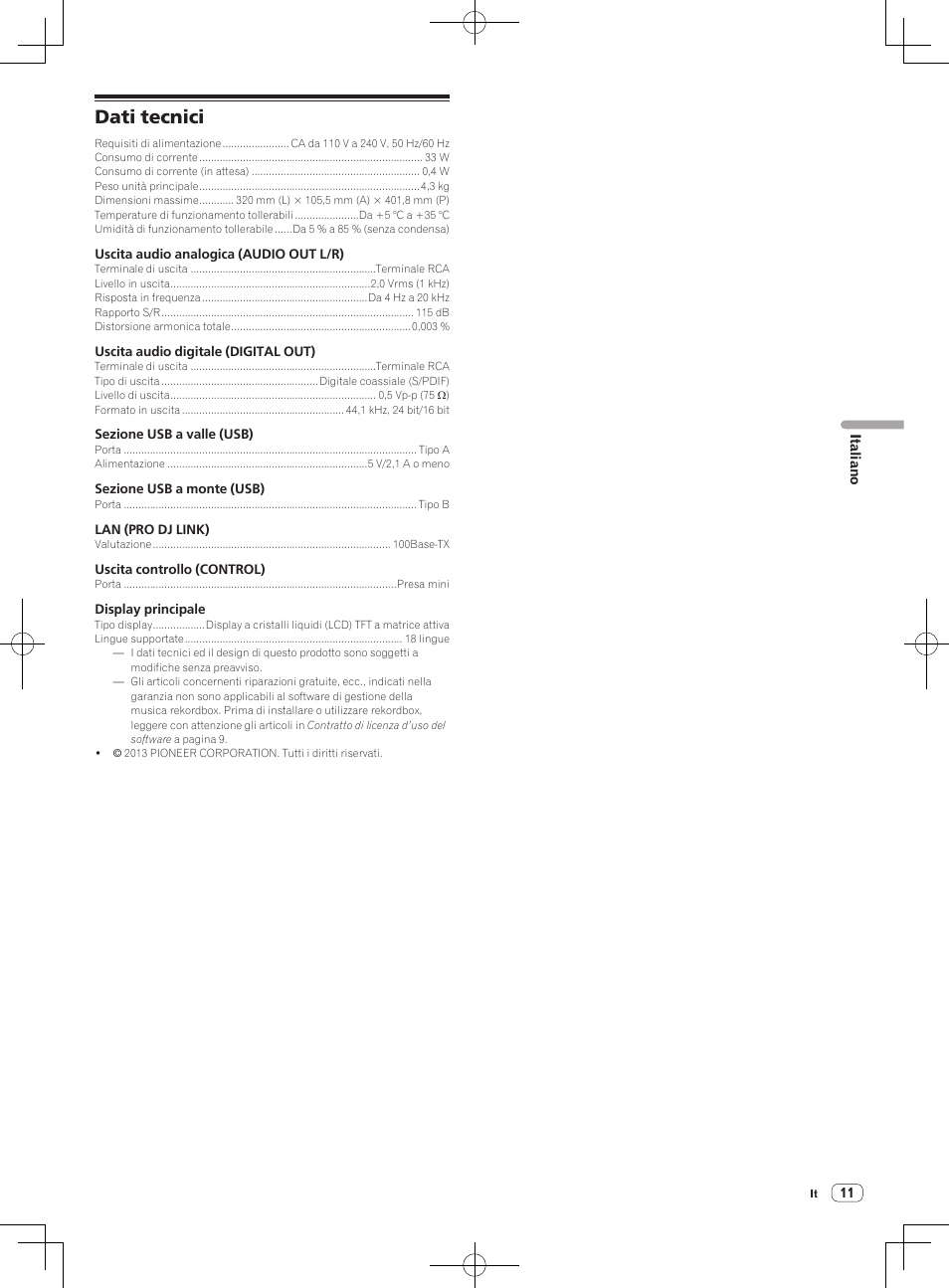 Dati tecnici | Pioneer CDJ-900NXS User Manual | Page 39 / 84