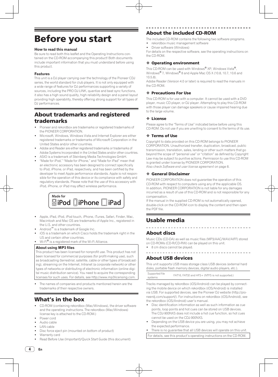 Before you start, About trademarks and registered trademarks, What’s in the box | Usable media, About the included cd-rom, About discs, About usb devices | Pioneer CDJ-900NXS User Manual | Page 4 / 84