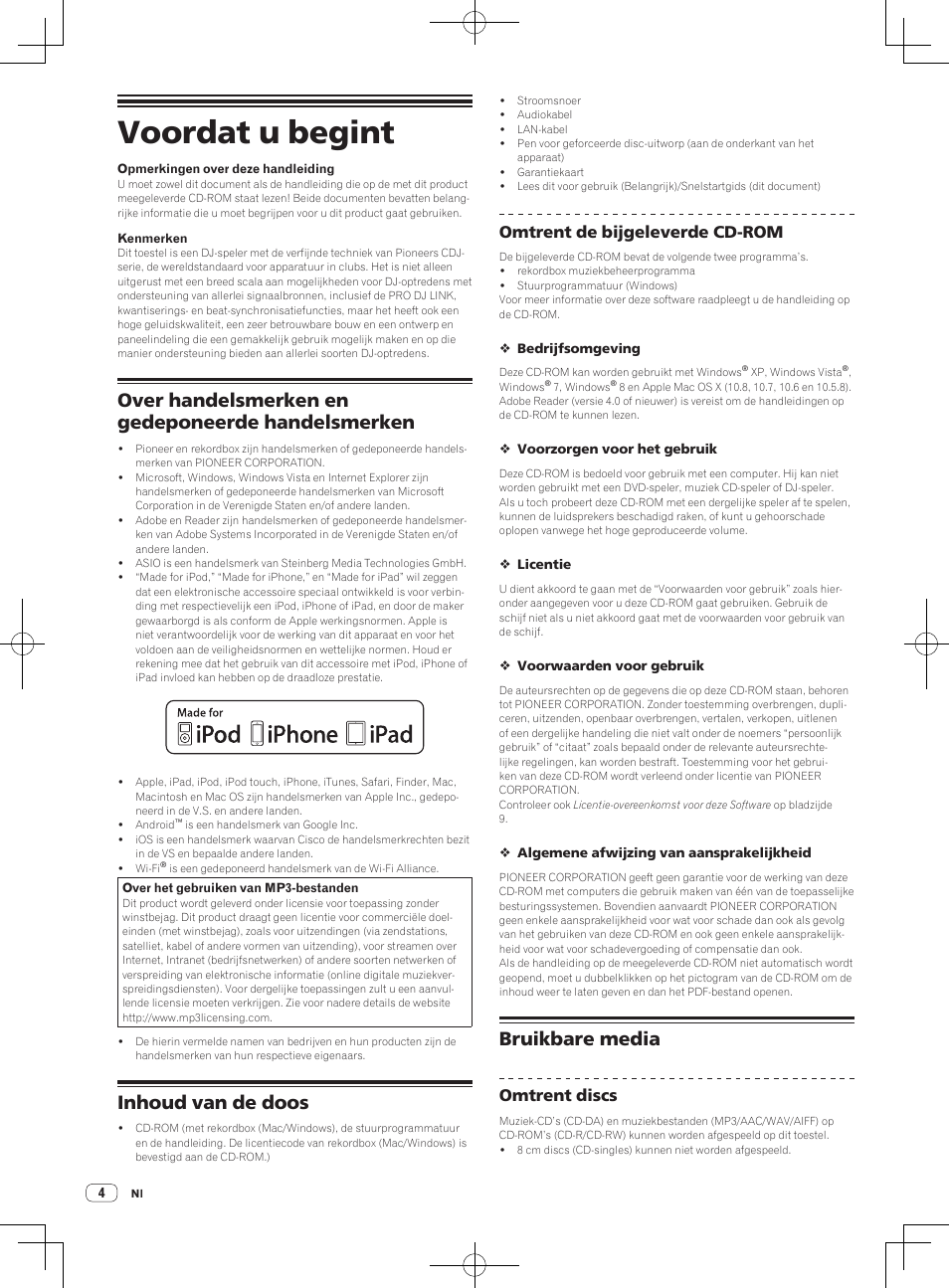 Voordat u begint, Over handelsmerken en gedeponeerde handelsmerken, Inhoud van de doos | Bruikbare media, Omtrent de bijgeleverde cd-rom, Omtrent discs | Pioneer CDJ-900NXS User Manual | Page 42 / 84