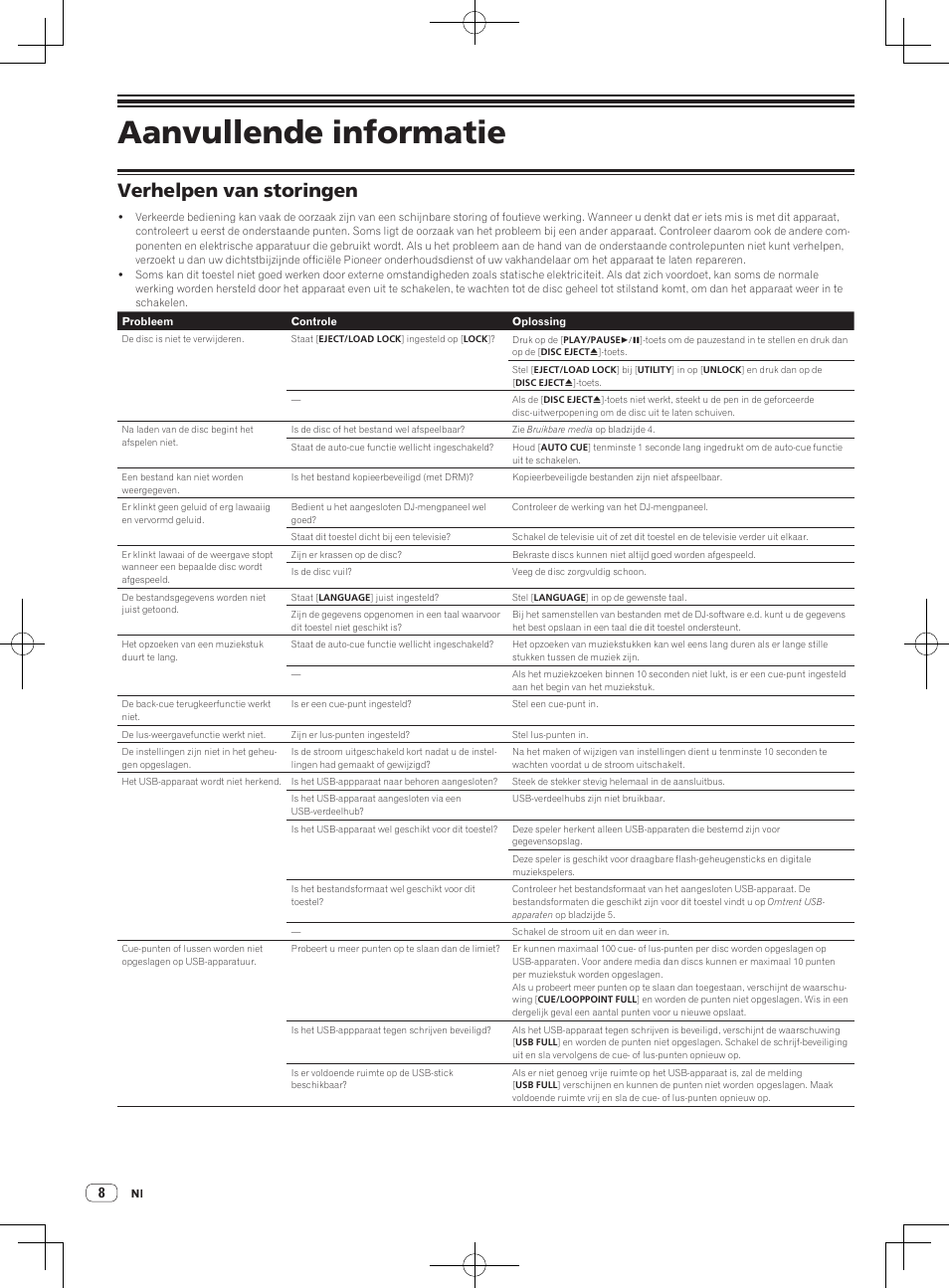 Aanvullende informatie, Verhelpen van storingen | Pioneer CDJ-900NXS User Manual | Page 46 / 84