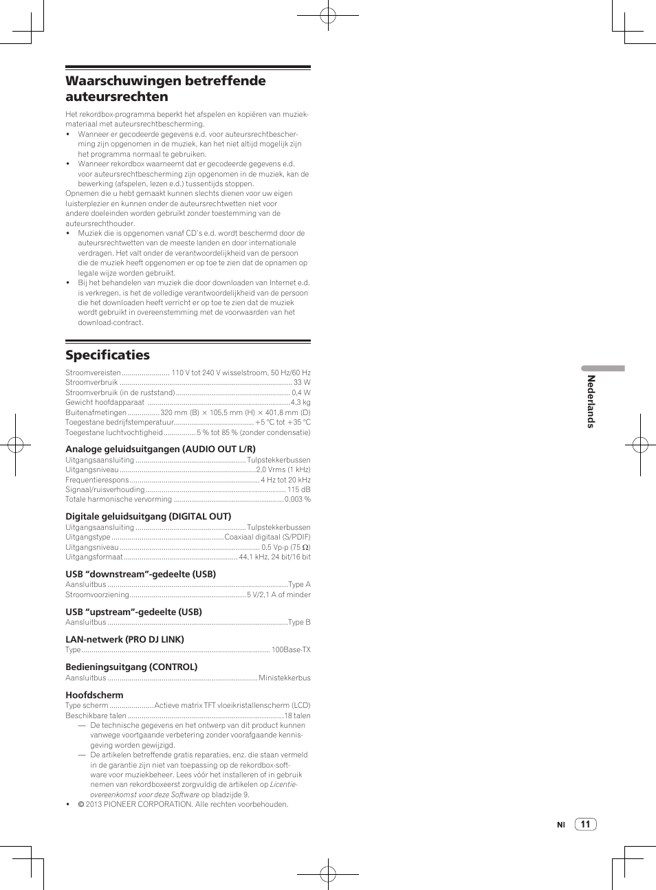 Waarschuwingen betreffende auteursrechten, Specificaties | Pioneer CDJ-900NXS User Manual | Page 49 / 84