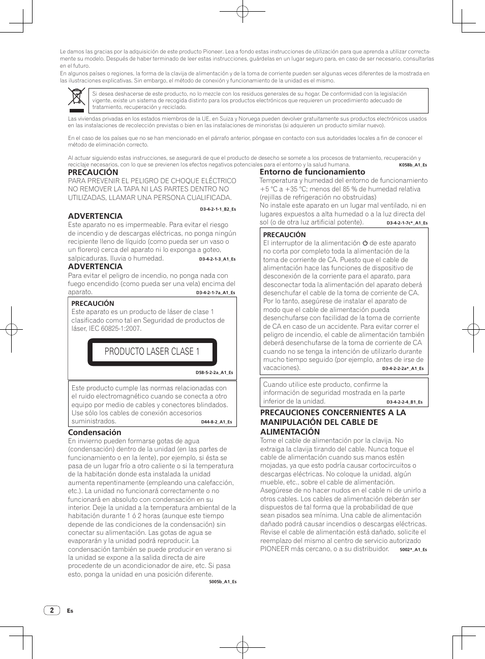 Multi reproductor, Producto laser clase 1, Precaución | Advertencia, Entorno de funcionamiento, Condensación | Pioneer CDJ-900NXS User Manual | Page 50 / 84