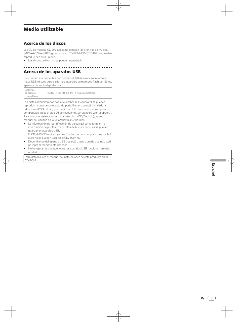 Medio utilizable, Acerca de los discos, Acerca de los aparatos usb | Pioneer CDJ-900NXS User Manual | Page 53 / 84