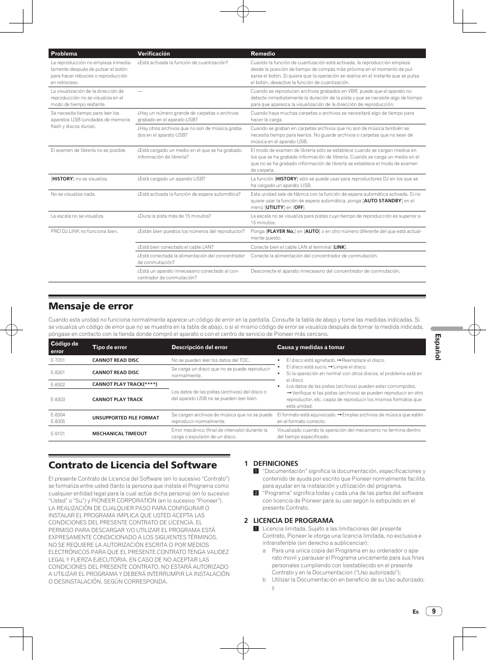 Mensaje de error, Contrato de licencia del software, 9español | Pioneer CDJ-900NXS User Manual | Page 57 / 84