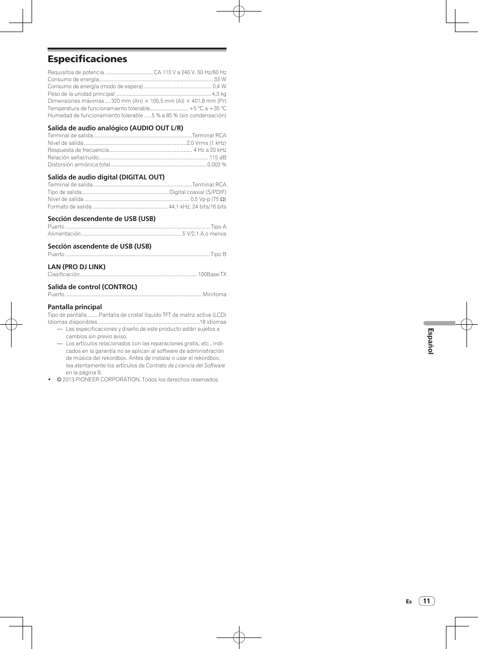 Especificaciones | Pioneer CDJ-900NXS User Manual | Page 59 / 84