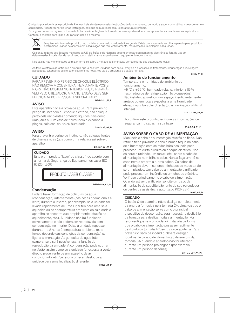 Multi leitor, Produto laser classe 1, Cuidado | Aviso, Ambiente de funcionamento, Aviso sobre o cabo de alimentação, Condensação | Pioneer CDJ-900NXS User Manual | Page 60 / 84