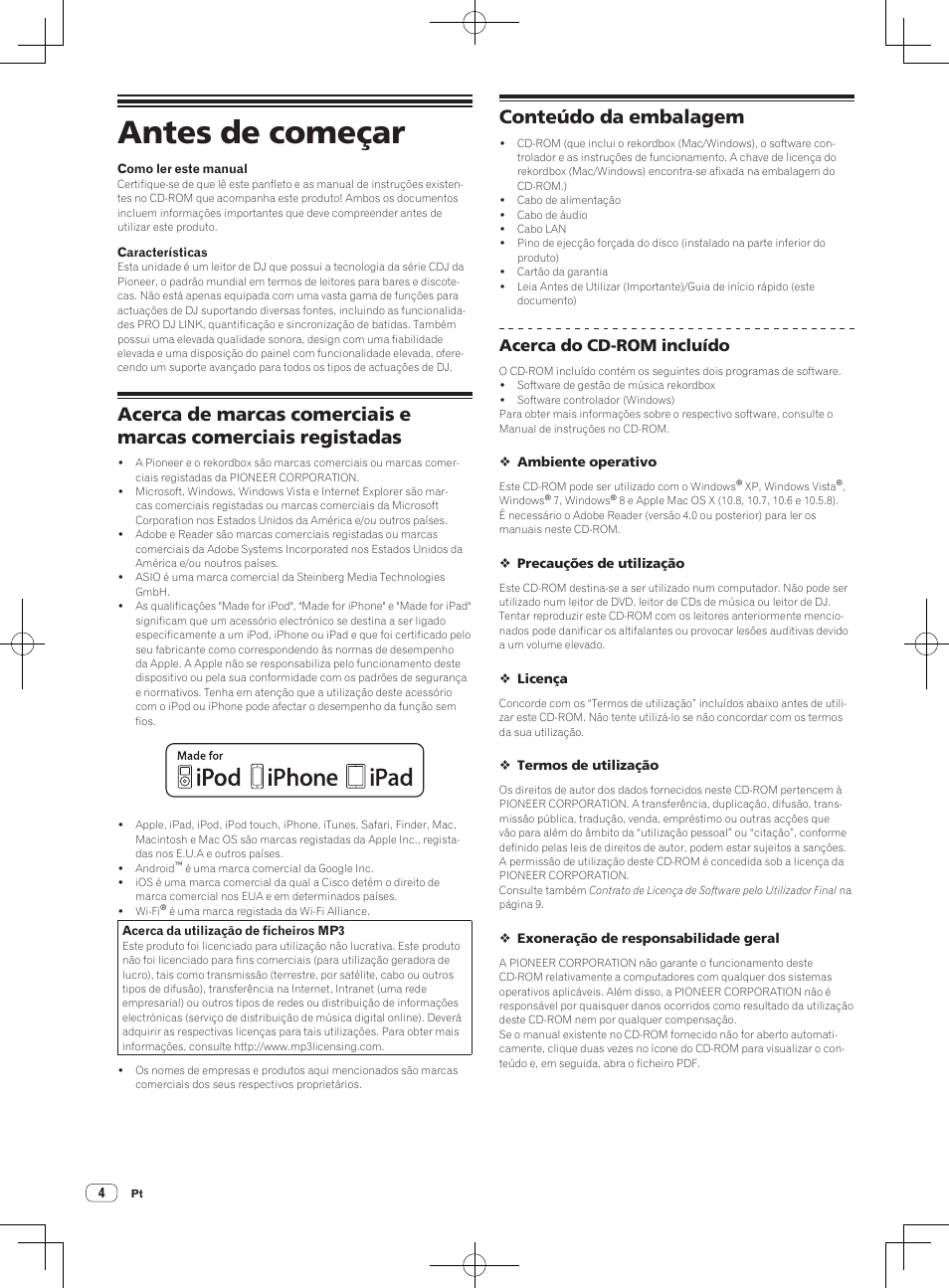 Antes de começar, Conteúdo da embalagem, Acerca do cd-rom incluído | Pioneer CDJ-900NXS User Manual | Page 62 / 84