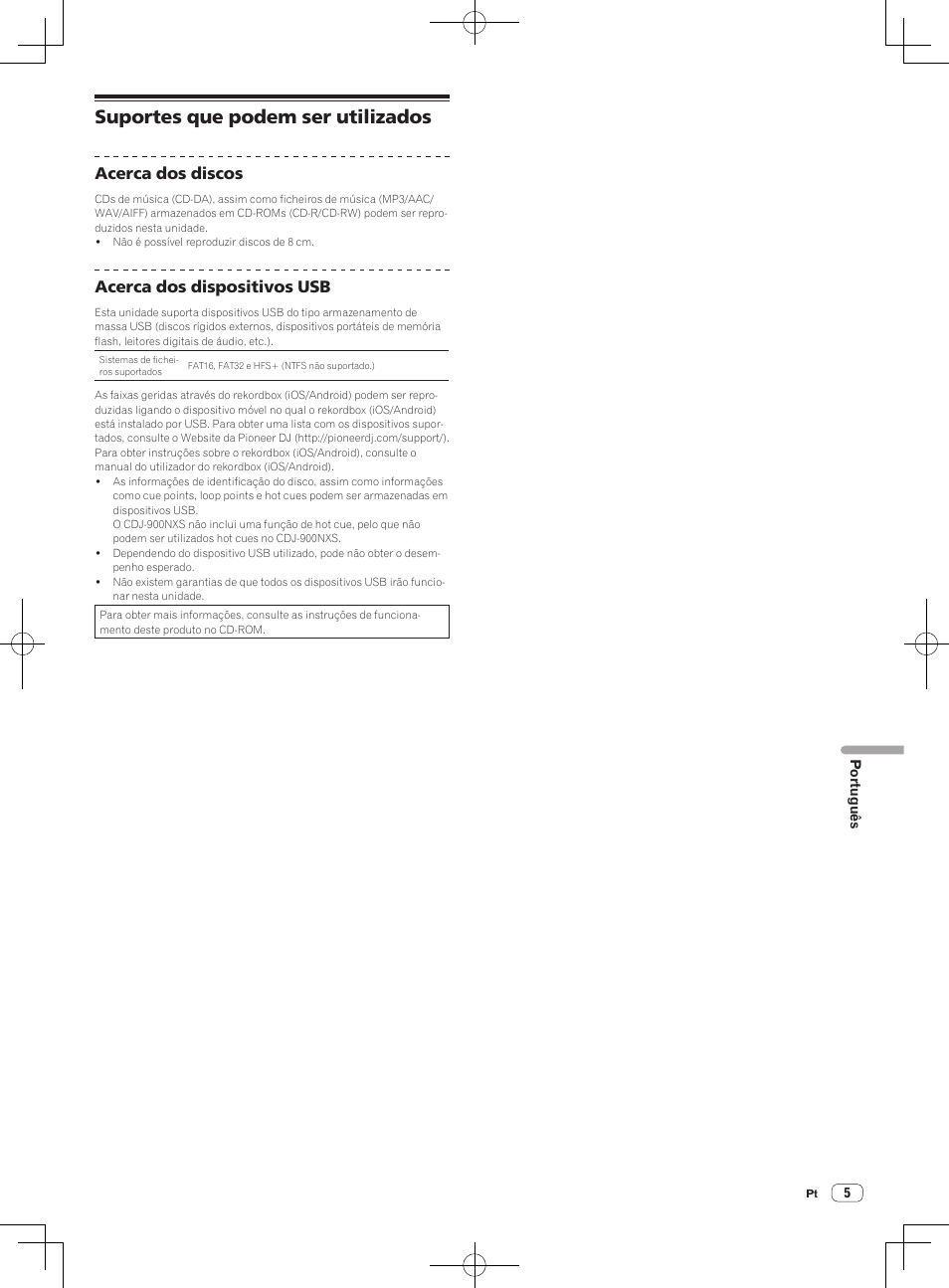 Suportes que podem ser utilizados, Acerca dos discos, Acerca dos dispositivos usb | Pioneer CDJ-900NXS User Manual | Page 63 / 84